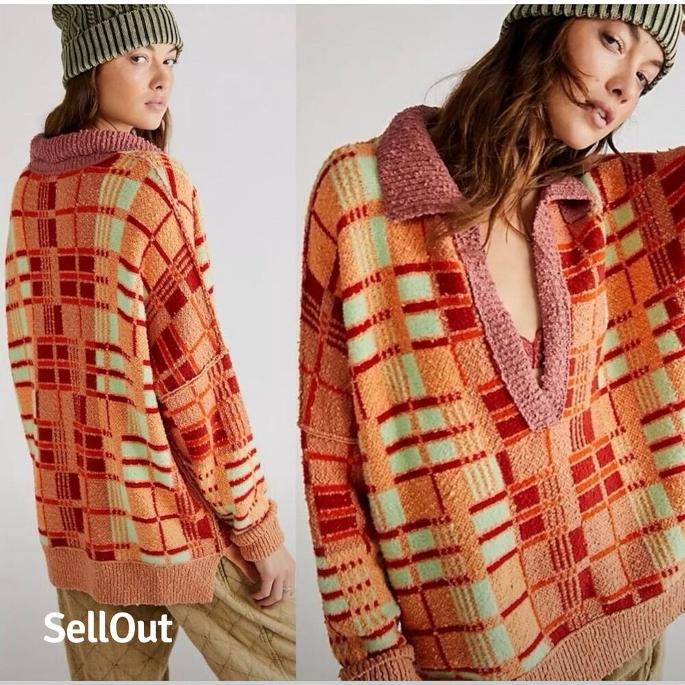 Free People Women's Oversized Plaid Pullover Sweater Multicolor Size L